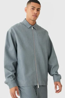 Fashion boohooMAN Pinstripe Relaxed Fit Longline Smart Harrington Jacket grey