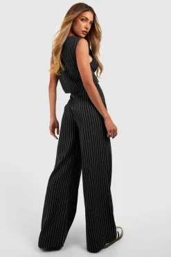 Store boohoo Pinstripe Tie Waist Tailored Wide Leg Trousers black