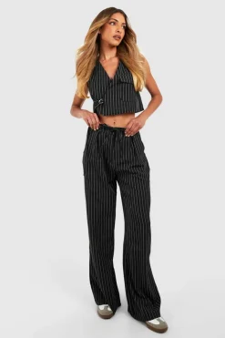 Store boohoo Pinstripe Tie Waist Tailored Wide Leg Trousers black