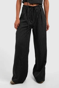 Store boohoo Pinstripe Tie Waist Tailored Wide Leg Trousers black