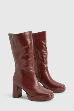 Fashion boohoo Platform Calf High Boots cherry