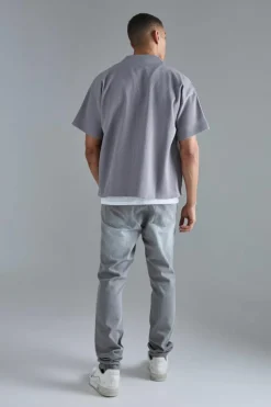 Flash Sale boohooMAN Pleated Boxy Short Sleeve Collarless Shirt grey