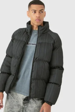 Cheap boohooMAN Pleated Funnel Neck Puffer Coat In black