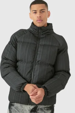 Cheap boohooMAN Pleated Funnel Neck Puffer Coat In black
