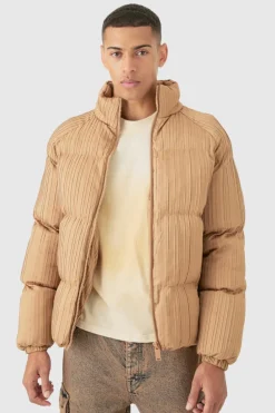 Store boohooMAN Pleated Funnel Neck Puffer Coat In camel
