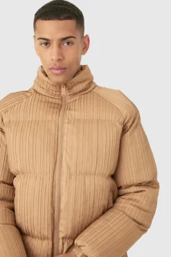 Store boohooMAN Pleated Funnel Neck Puffer Coat In camel