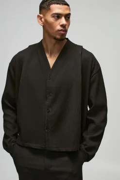Cheap boohooMAN Pleated Long Sleeve Collarless Boxy Shirt black