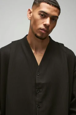 Cheap boohooMAN Pleated Long Sleeve Collarless Boxy Shirt black