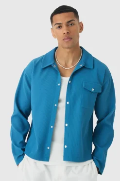 Shop boohooMAN Pleated Overshirt slate blue
