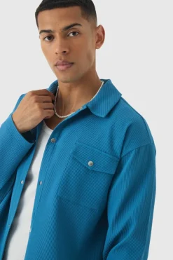 Shop boohooMAN Pleated Overshirt slate blue