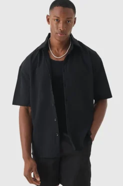 Outlet boohooMAN Pleated Oversized Button Up Shirt black