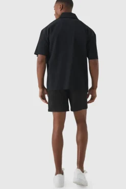 Outlet boohooMAN Pleated Oversized Button Up Shirt black