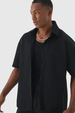 Outlet boohooMAN Pleated Oversized Button Up Shirt black