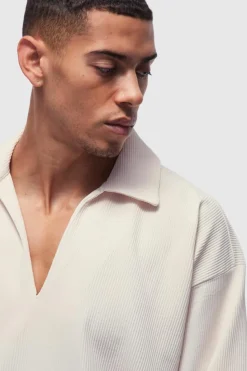 Fashion boohooMAN Pleated Oversized V Neck Shirt ecru