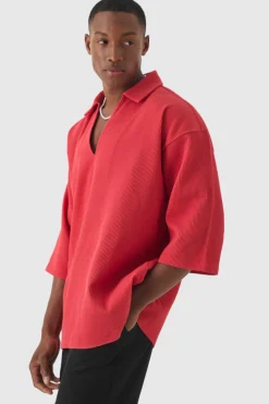 Cheap boohooMAN Pleated Oversized V Neck Shirt red