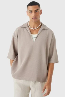 Discount boohooMAN Pleated Oversized V Neck Shirt mocha
