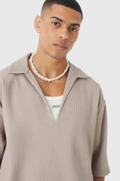 Discount boohooMAN Pleated Oversized V Neck Shirt mocha