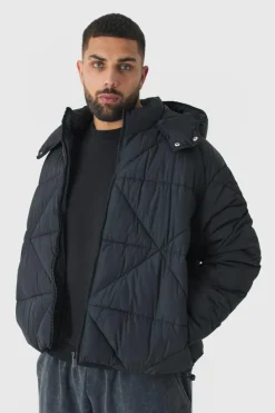 Discount boohooMAN Plus Abstract Quilted Puffer Jacket In black