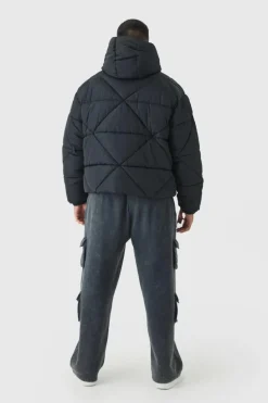 Discount boohooMAN Plus Abstract Quilted Puffer Jacket In black