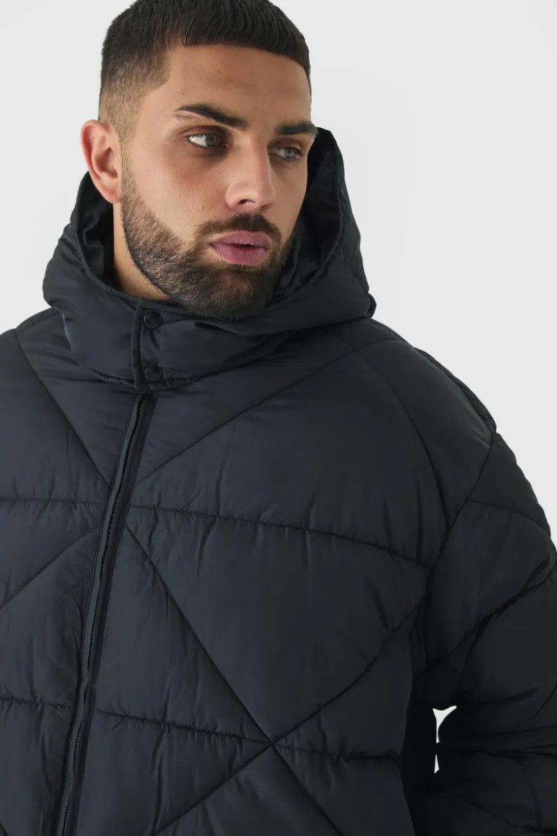 Discount boohooMAN Plus Abstract Quilted Puffer Jacket In black