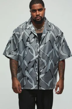 Cheap boohooMAN Plus Abstract Sheer Revere Shirt black