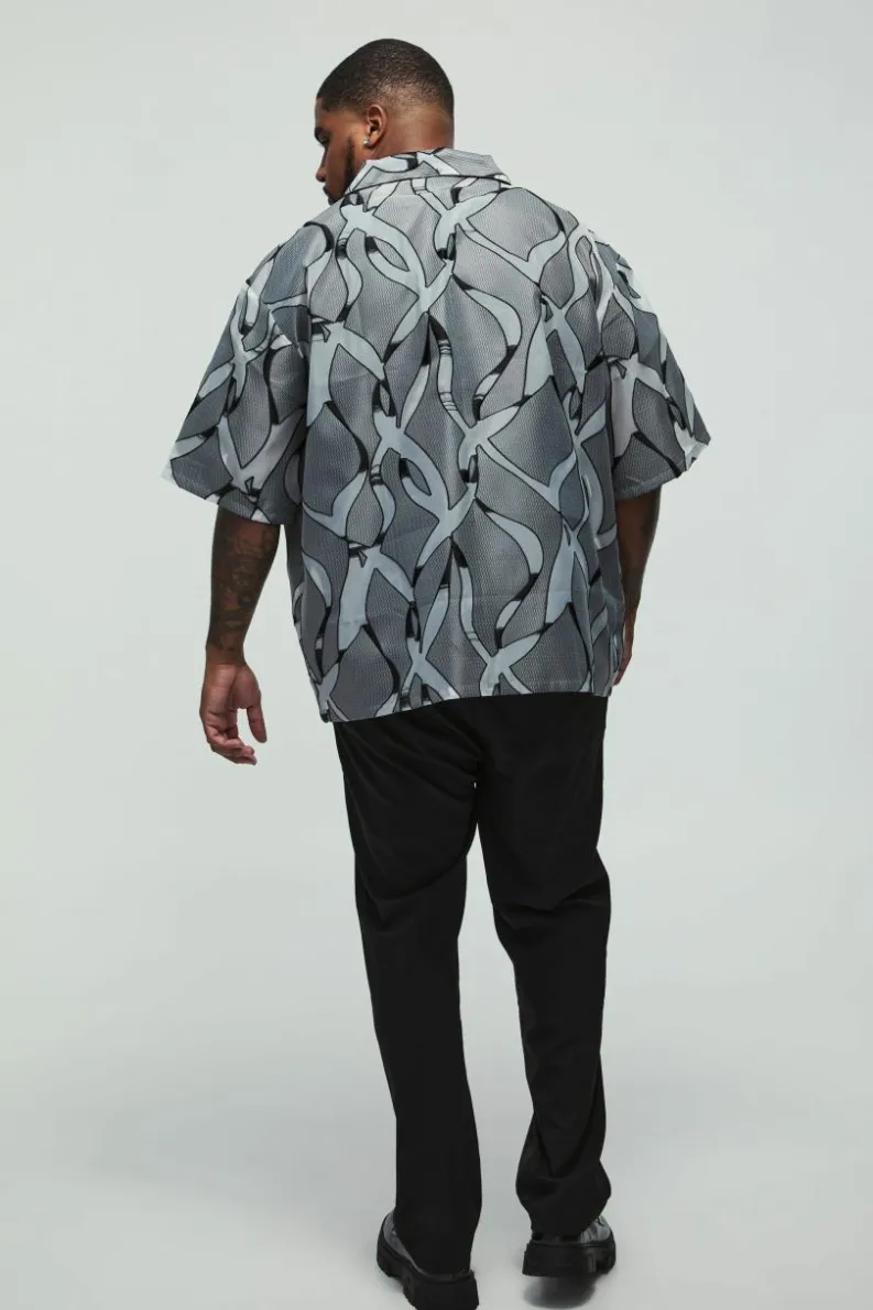 Cheap boohooMAN Plus Abstract Sheer Revere Shirt black