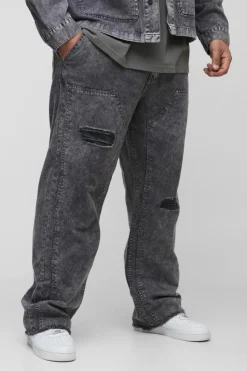 Best boohooMAN Plus Acid Wash Distressed Relaxed Fit Carpenter Trousers grey