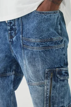 Hot boohooMAN Plus Acid Wash Panel Cargo Flared Jeans antique wash