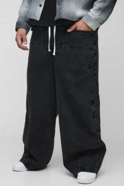 Clearance boohooMAN Plus Acid Wash Parachute Fit Elasticated Waist Carpenter Trousers washed black