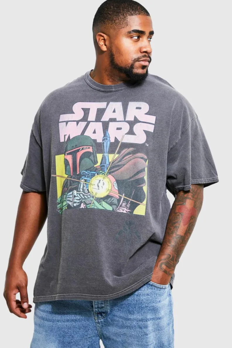 Cheap boohooMAN Plus Acid Wash Star Wars License T-shirt charcoal