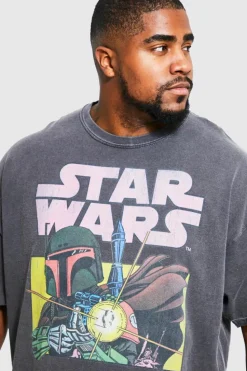 Cheap boohooMAN Plus Acid Wash Star Wars License T-shirt charcoal