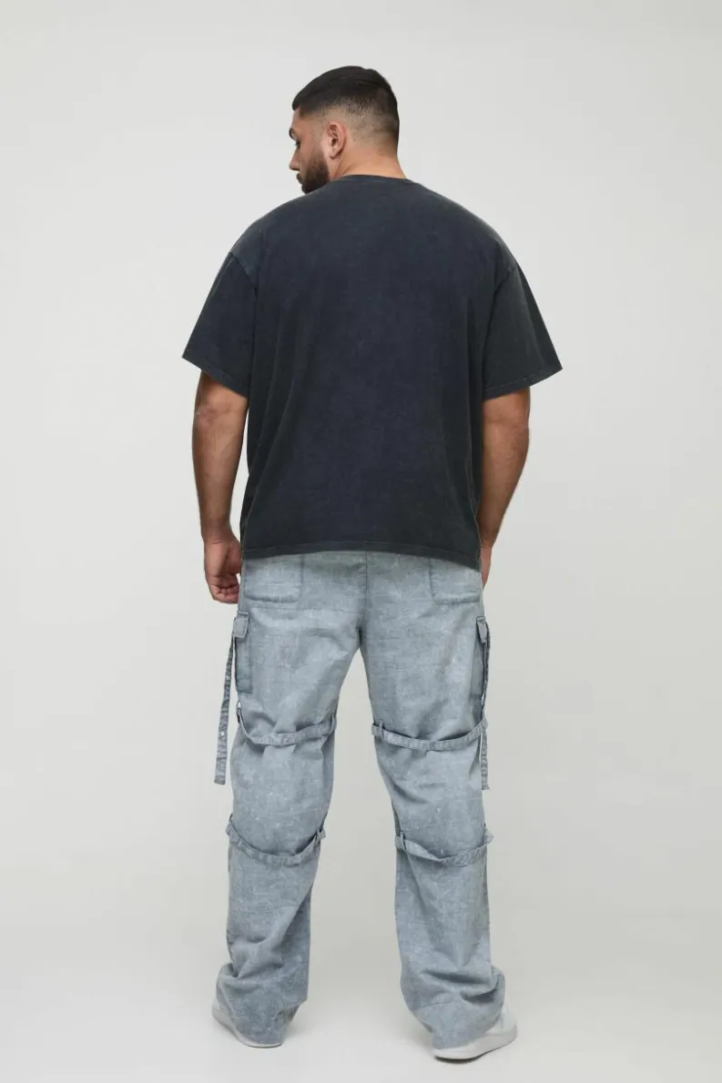 Best Sale boohooMAN Plus Acid Wash Strappy Relaxed Fit Cargo Trousers grey