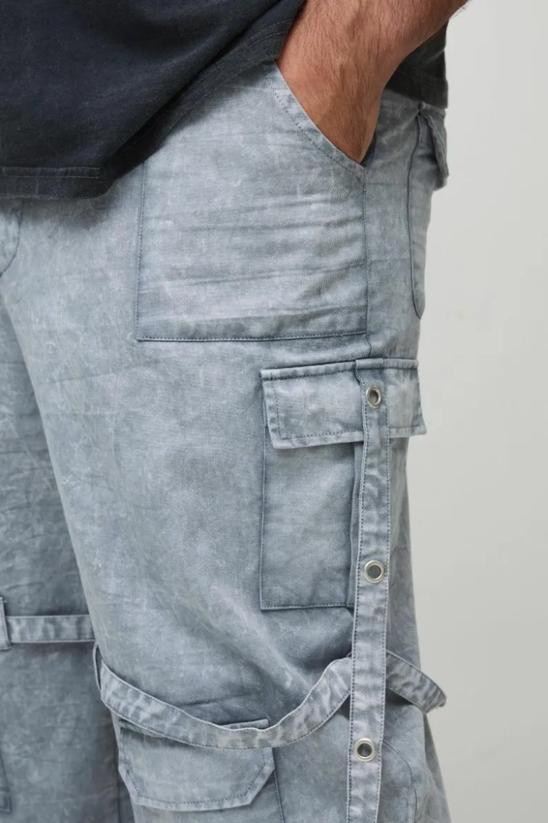 Best Sale boohooMAN Plus Acid Wash Strappy Relaxed Fit Cargo Trousers grey