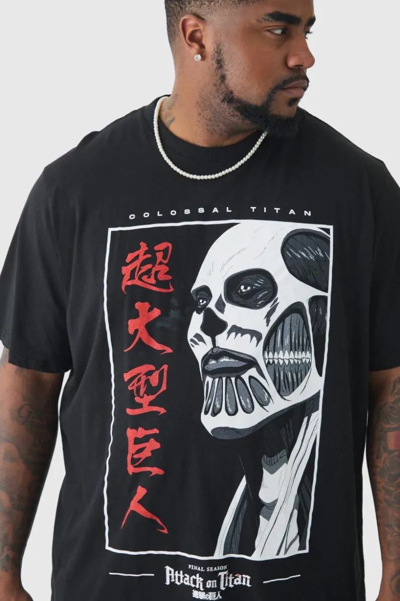 Fashion boohooMAN Plus Attack On Titan Anime Printed Licensed T-shirt In black