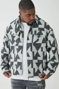 Cheap boohooMAN Plus Aztec Print Zip Through Overshirt grey