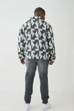 Cheap boohooMAN Plus Aztec Print Zip Through Overshirt grey