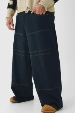 Clearance boohooMAN Plus Baggy Fit Contrast Stitch Carpenter Trousers in black