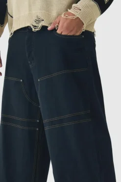 Clearance boohooMAN Plus Baggy Fit Contrast Stitch Carpenter Trousers in black