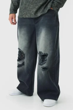 Fashion boohooMAN Plus Baggy Fit Super Distressed Jeans washed black