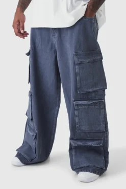 Fashion boohooMAN Plus Baggy Fit Washed Multi Pocket Cargo Jeans grey