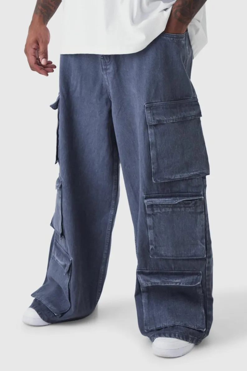 Fashion boohooMAN Plus Baggy Fit Washed Multi Pocket Cargo Jeans grey