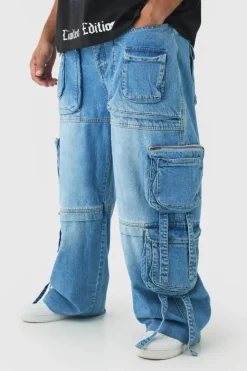 Cheap boohooMAN Plus Baggy Rigid Multi Pocket Strap Detail Cargo Jeans light blue