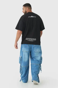 Cheap boohooMAN Plus Baggy Rigid Multi Pocket Strap Detail Cargo Jeans light blue