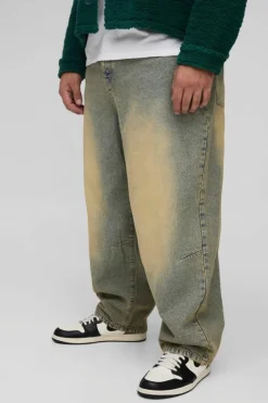Sale boohooMAN Plus Balloon Fit Pleat Knee Tinted Jeans antique wash