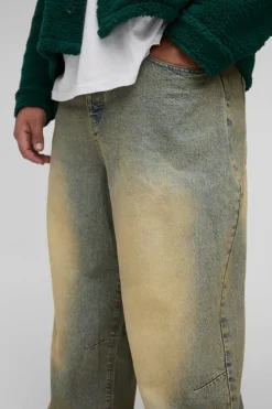 Sale boohooMAN Plus Balloon Fit Pleat Knee Tinted Jeans antique wash