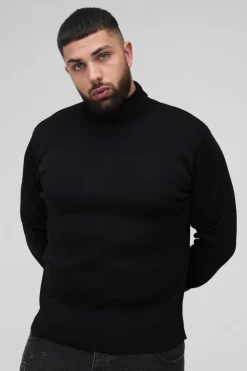 Sale boohooMAN Plus Basic Regular Fit Roll Neck Jumper in black