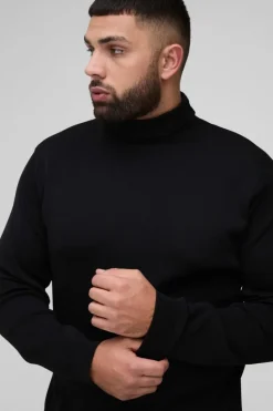 Sale boohooMAN Plus Basic Regular Fit Roll Neck Jumper in black