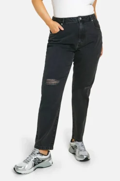 Discount boohoo Plus Basics High Waisted Ripped Mom Jeans washed black