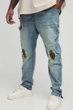 Cheap boohooMAN Plus Biker Rip & Repair Zip Hem Skinny Jeans stonewash