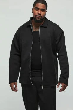 Discount boohooMAN Plus Bonded Scuba Zip Through Overshirt black